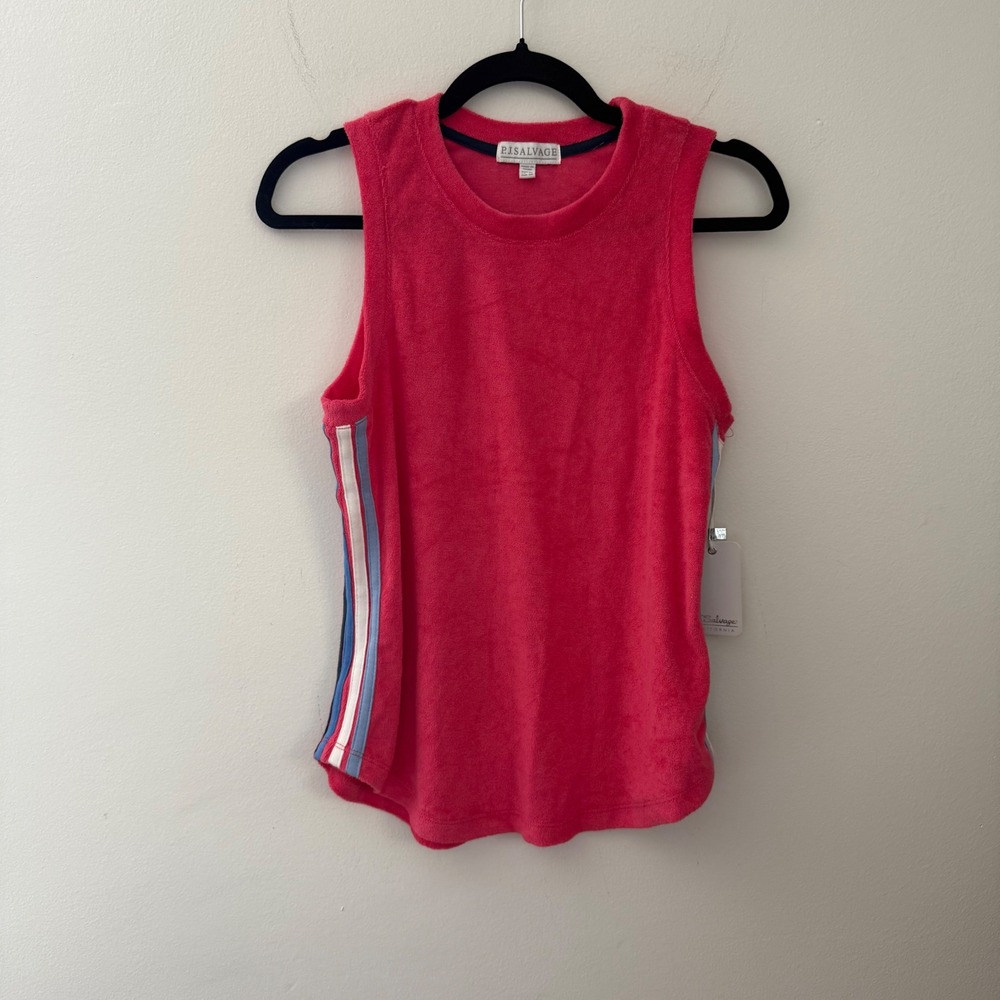 PJ Salvage Cherry Pink Terry Cloth Tank‎ Top Racerback Striped Trim XS